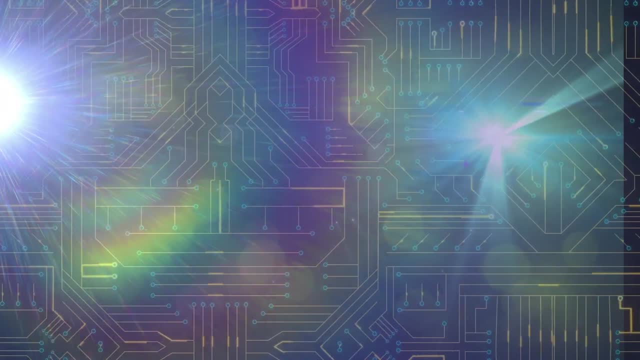 animación de puntos brillantes sobre una placa de circuitos de computadora