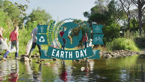 animation of earth day text over walking group of volunteers