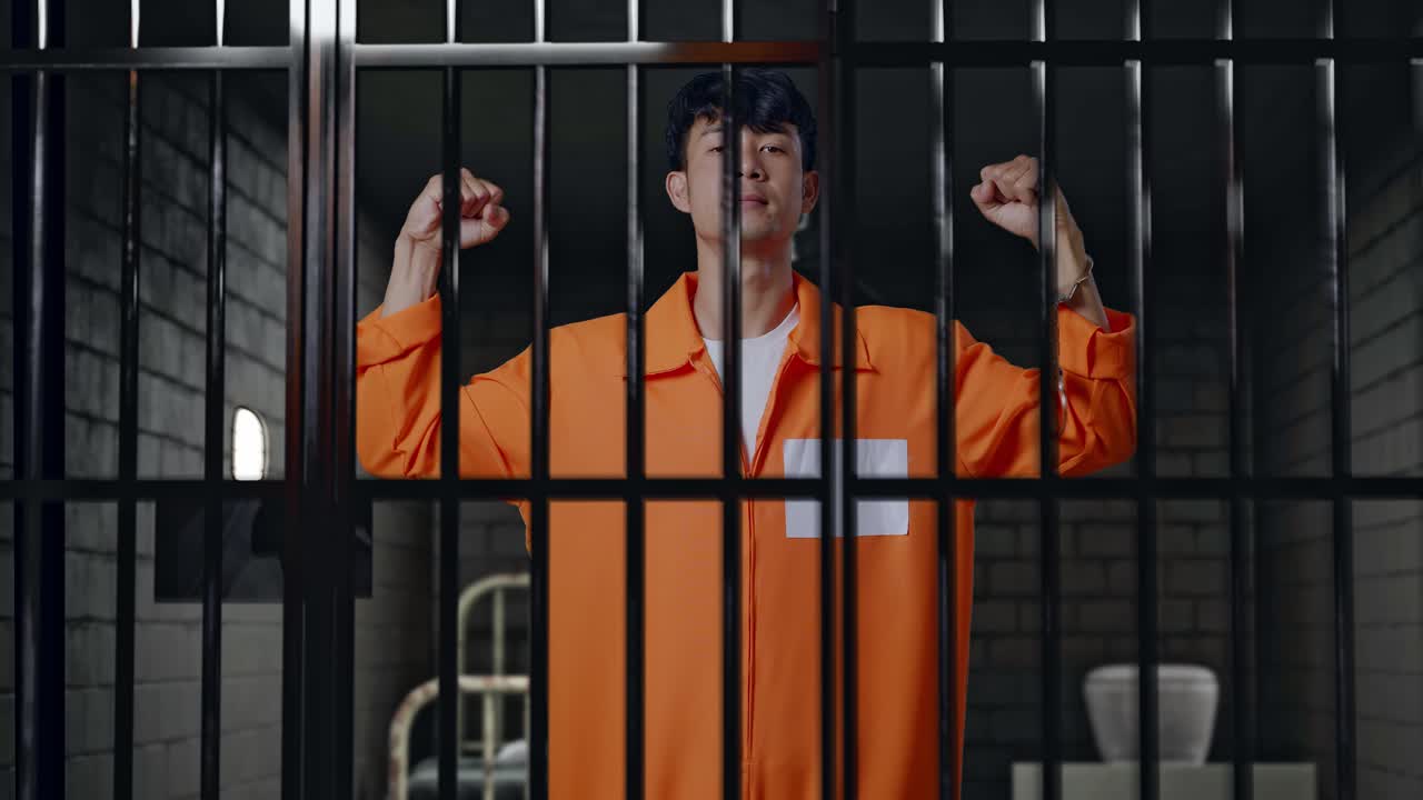 prisionero masculino asiático con esposas rotas flexionando su bíceps mientras está de pie en la cárcel