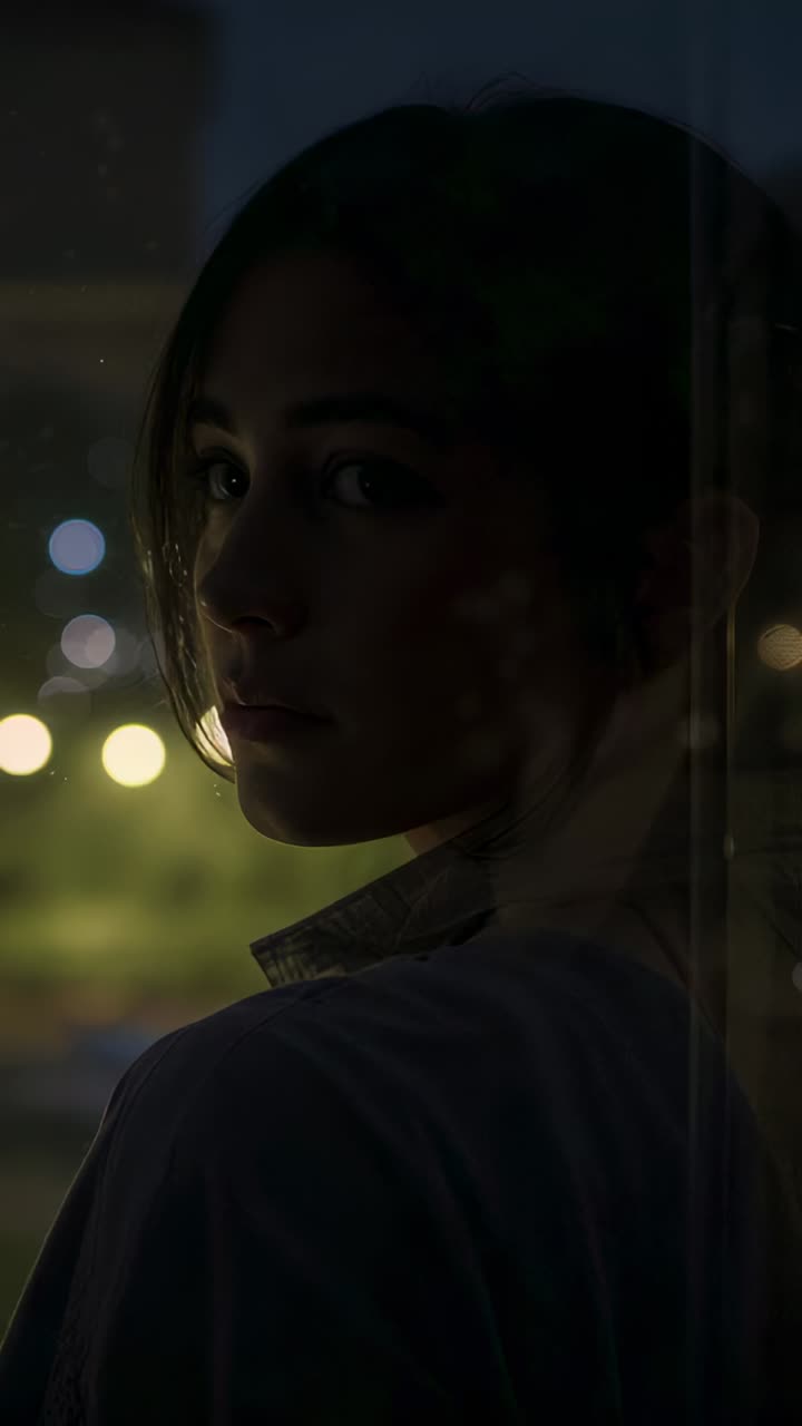 Vertical video: Camera filming woman turning head, meeting gaze at window with bokeh lights, collar