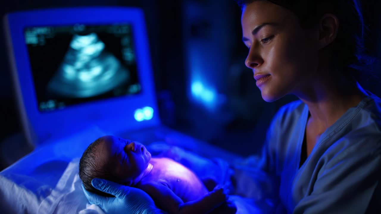 Un operatore sanitario si prende teneramente cura di un neonato sotto una luce blu soffusa, monitorando contemporaneamente lo schermo dell'ecografia sullo sfondo, evidenziando l'intima connessione tra chi si prende cura del bambino e il bambino stesso.