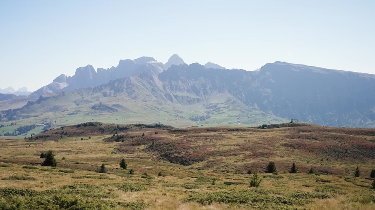 Wide view of open grassy field with scattered shrubs and trees beneath jagged mountain range in Dolomites region of northern Italy under clear blue sky