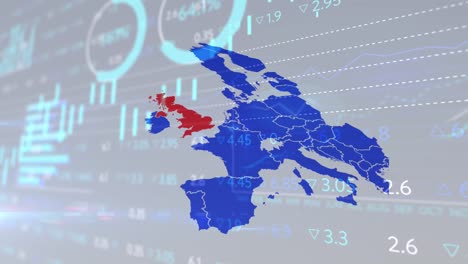 animation of financial data processing over map of blue europe and red united kingdom