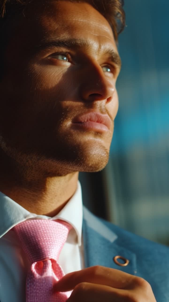A Sophisticated Man in Formal Attire Adjusts His Pink Tie While Gazing Thoughtfully Out the Window, Highlighting Elegance and Confidence in Style