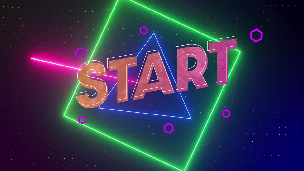 Animation of start text over neon shapes on black background