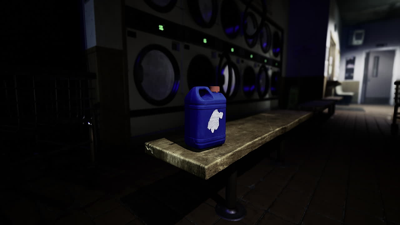 Blue container placed on wooden bench in dimly lit laundromat