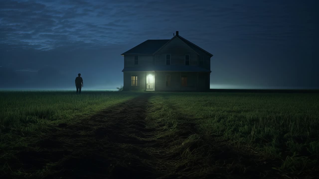 Mysterious man is walking on a dirt road towards an illuminated house in the countryside at night, creating a suspenseful and eerie atmosphere