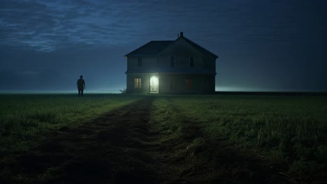 mysterious man is walking on a dirt road towards an illuminated house in the countryside at night, creating a suspenseful and eerie atmosphere