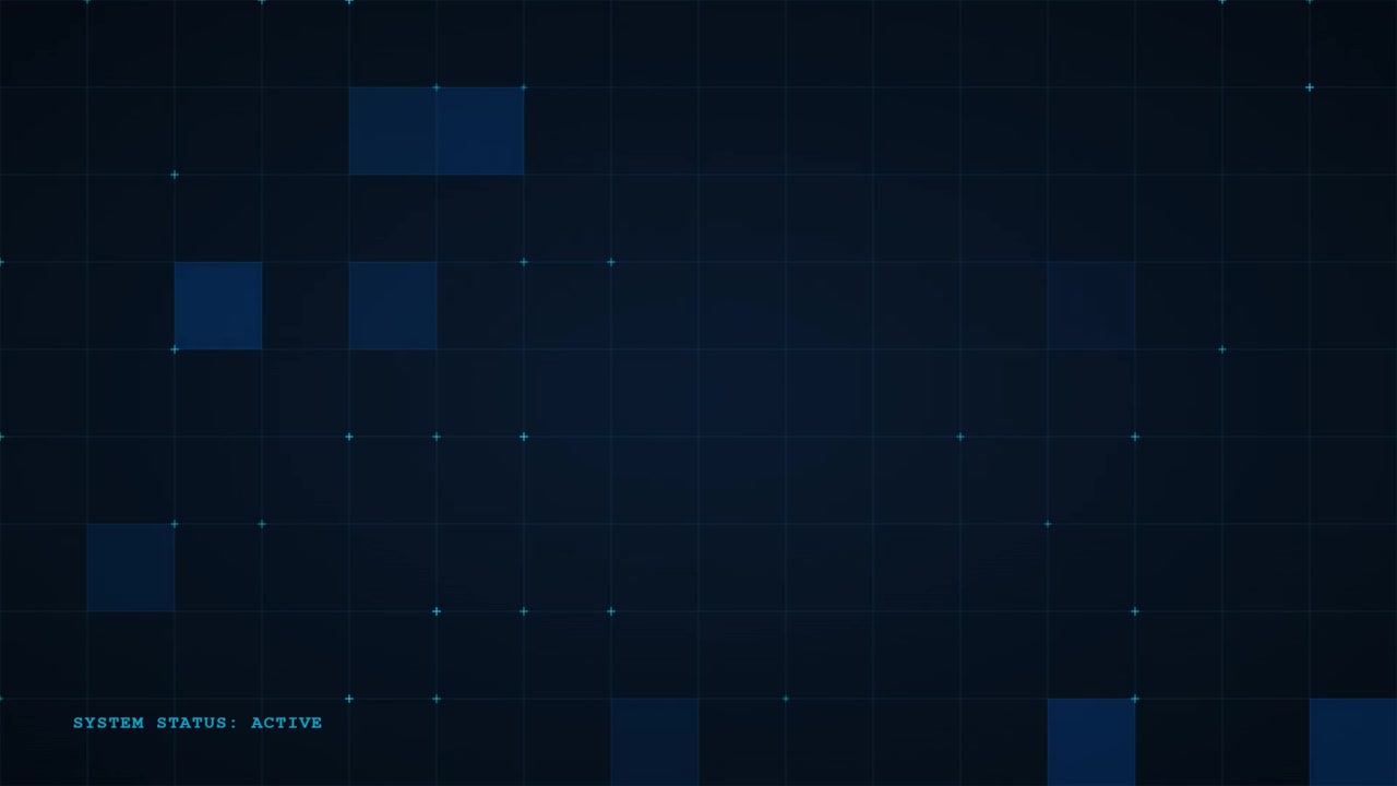 Digital Grid Background with Pulsing Blue Squares and System Status Text