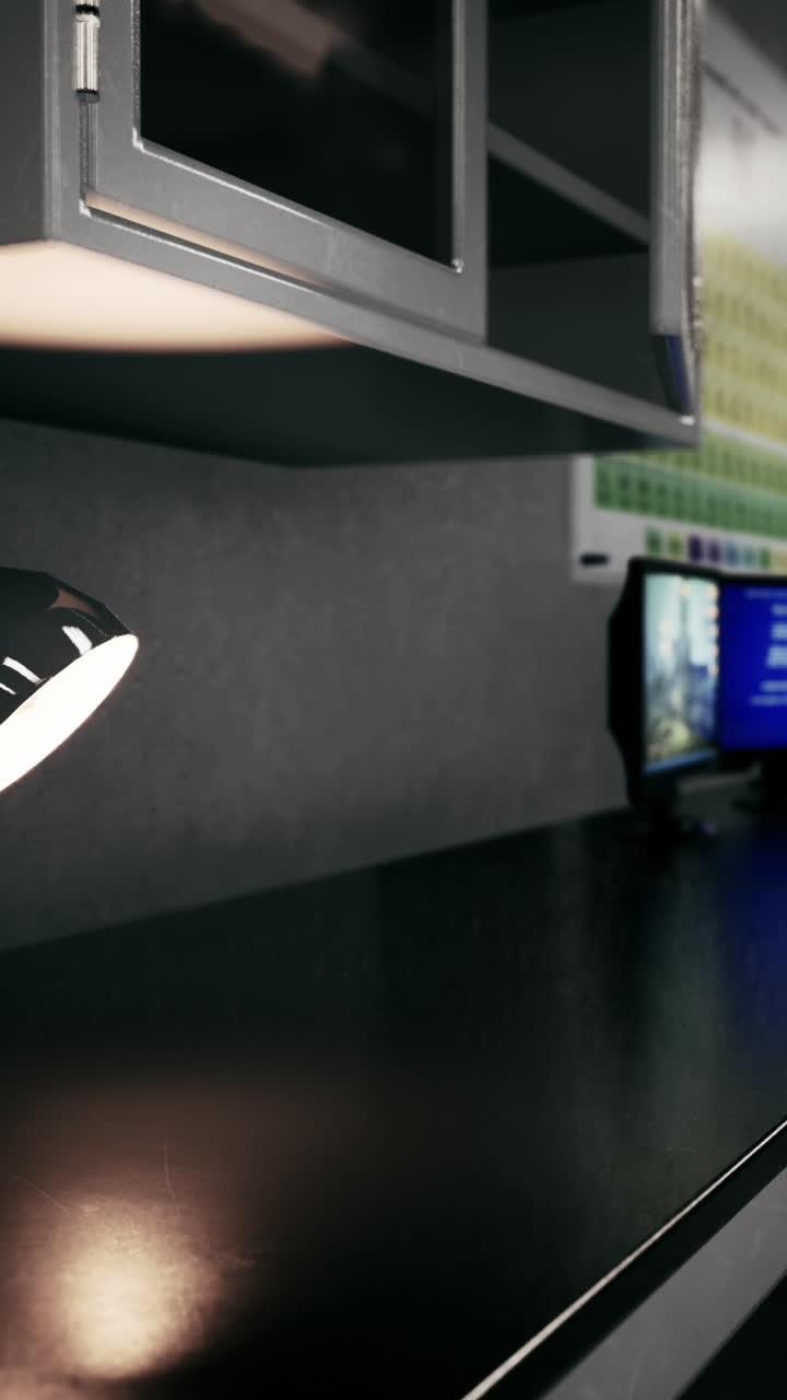 A modern home office with a computer, desk lamp, and a black desk