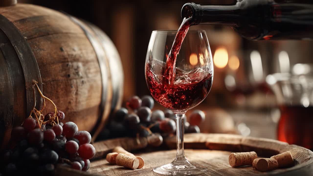A Stunning Visual Journey of Wine Pouring, Capturing the Rich Red Liquid Flowing into a Glass Surrounded by Grapes and Barrels in a Cozy, Atmospheric Setting