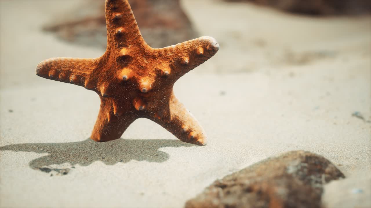 estrella de mar roja en la playa del océano con arena dorada