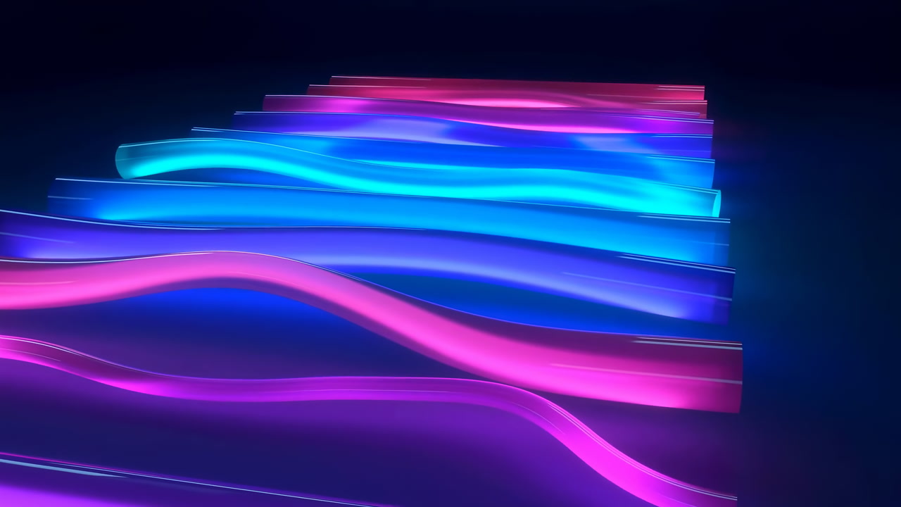 Vibrant Neon Ribbons Flow Across Dark Studio Backdrop With Cyan And Magenta Luminous Bands Creating Rhythmic