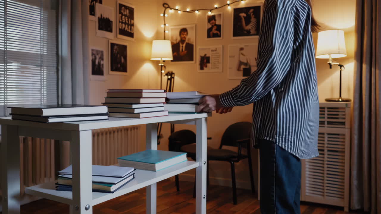 Student organizing books in a cozy home study room