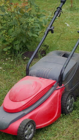 young woman is mowing lawn with lawn mower in her back yard. electric lawn mower cuts the grass.. vertical video