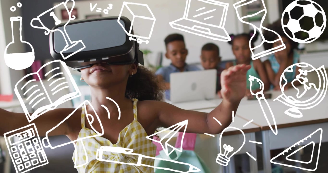 Student picking up VR headset and exploring educational icons in classroom with animated elements