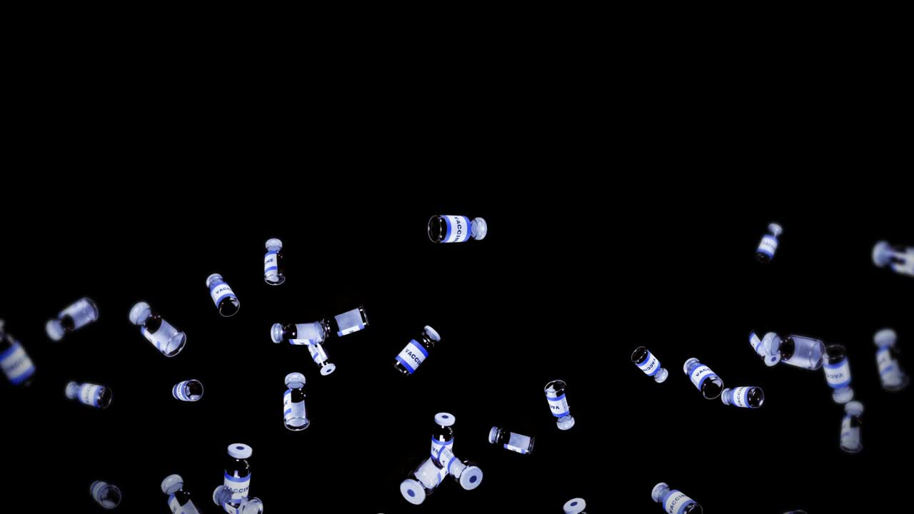 검은색 배경에 많은 백신 병을 날리는 의료 개념 바이러스 치료 투명 액체 백신의 3d 루프 애니메이션