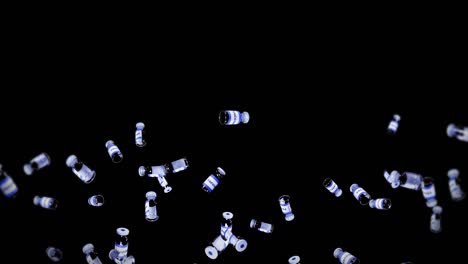 Flying many vaccine bottles on black background. Medical concept. Virus cure. Transparent liquid. 3D loop animation of vaccines.