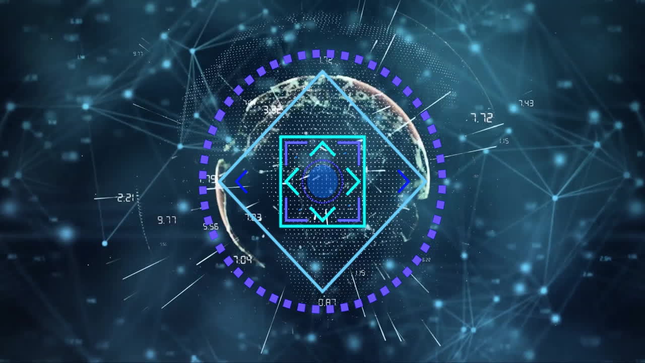 Geometric shapes and data points animation over digital network and Earth background