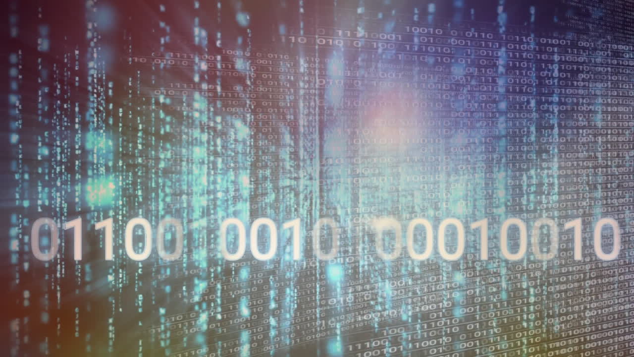 Animation of binary coding and data processing over dark background