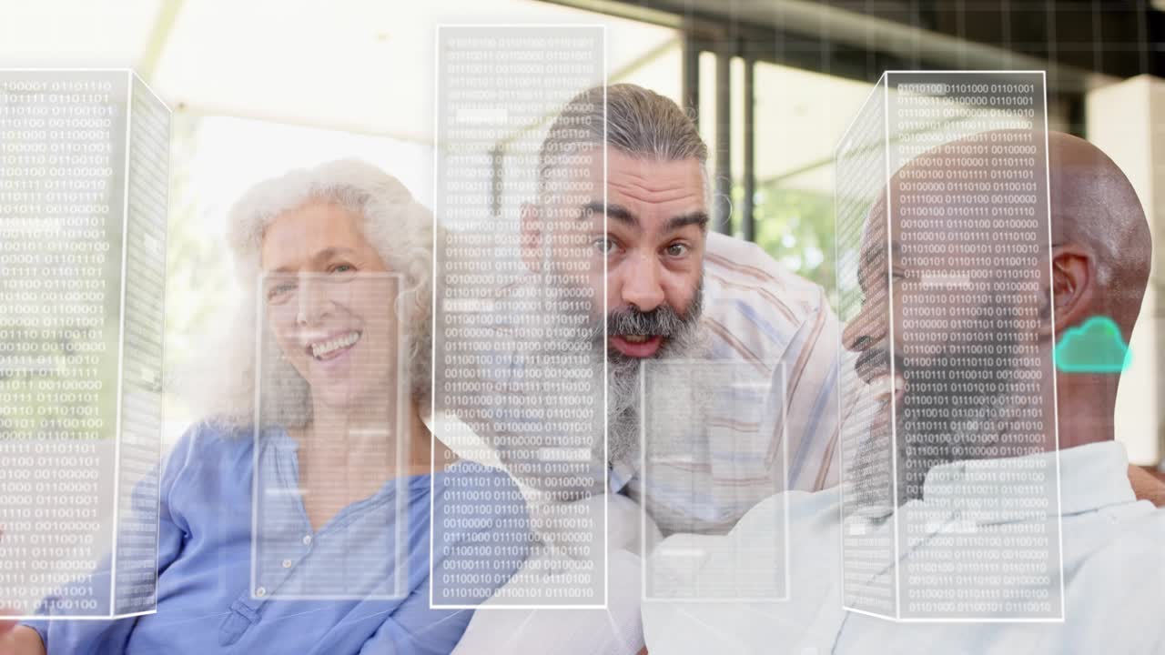 Bearded man leaning, speaking, causing data panels, green clouds filling frame, showing cloud tech