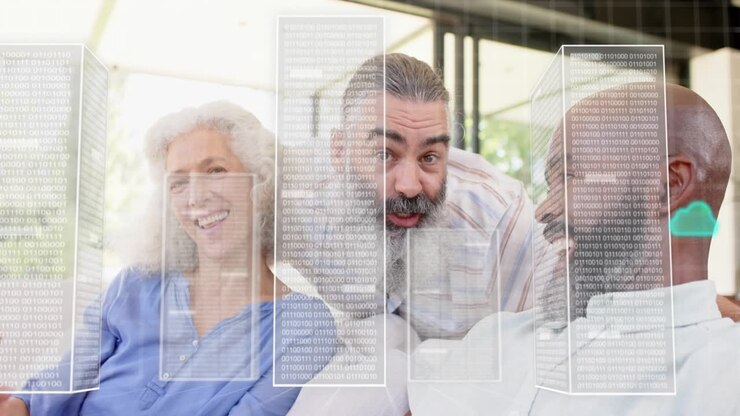 Bearded man leaning, speaking, causing data panels, green clouds filling frame, showing cloud tech