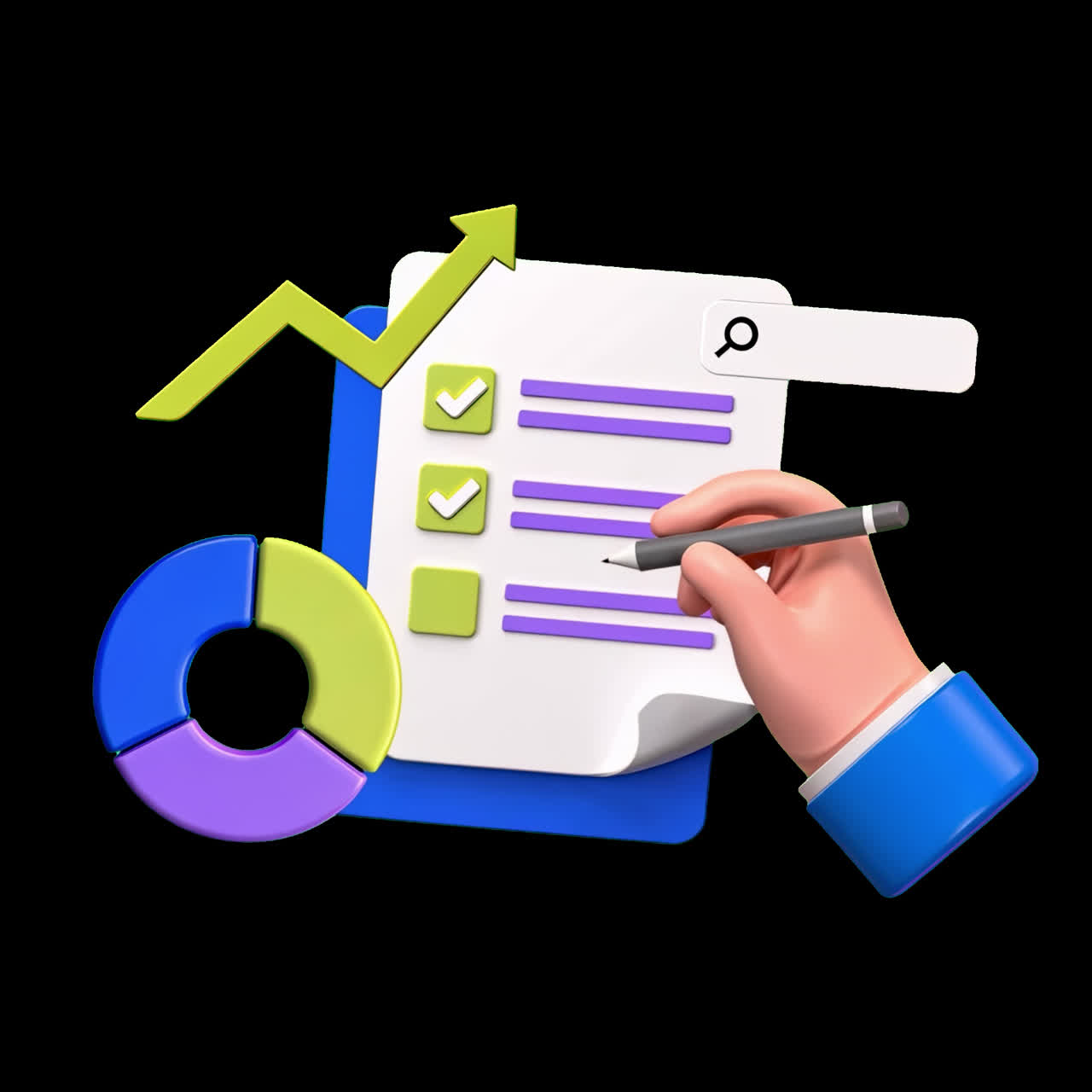 Analytics, checklist, growth, data, strategy animation isolated asset, transparent 4K video, alpha