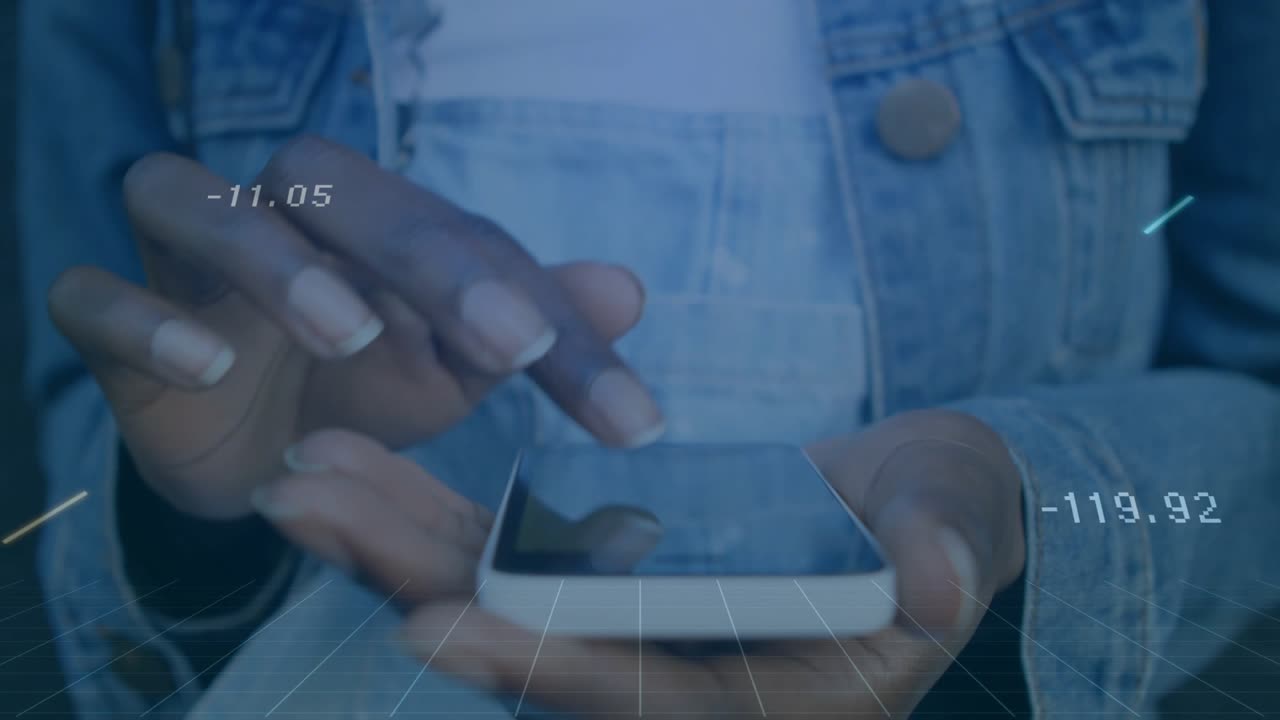 Woman holding smartphone and tapping screen, finger dragging, updating finance graphs for analysis