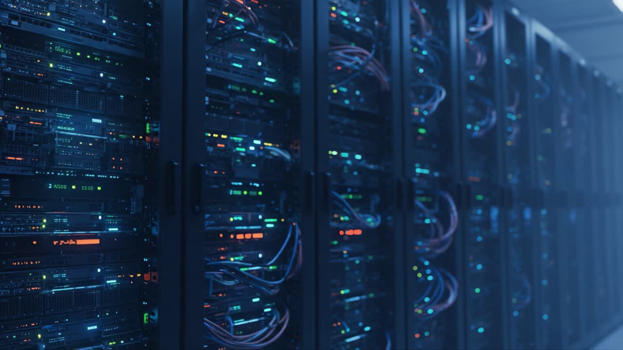 An Inside Look at a High-Tech Data Center with Rack-Mounted Servers Illuminated by LED Lights, Showcasing Modern Network Infrastructure and Storage Solutions