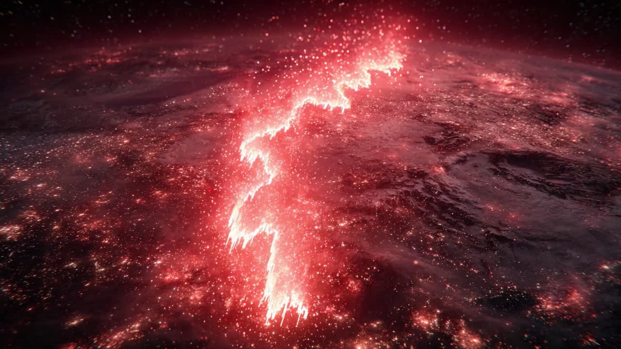 An Awe-Inspiring Cosmic Event: A Stunning Visualization of a Bright Red Lightning Phenomenon Arching Through the Atmosphere Above Earth in an Expansive Universe