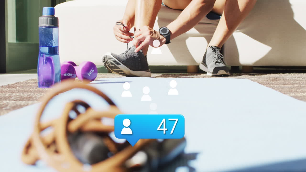 아프리카계 미국인 남성 운동 선수가 신발을 고 있는 숫자를 가진 사람들의 아이콘 애니메이션