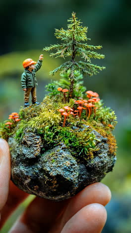 small figure explores miniature forest on a rocky base