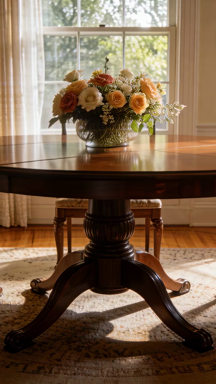 Vertical video: Camera moving closer, glass bowl roses shifting on round table by window, for focus