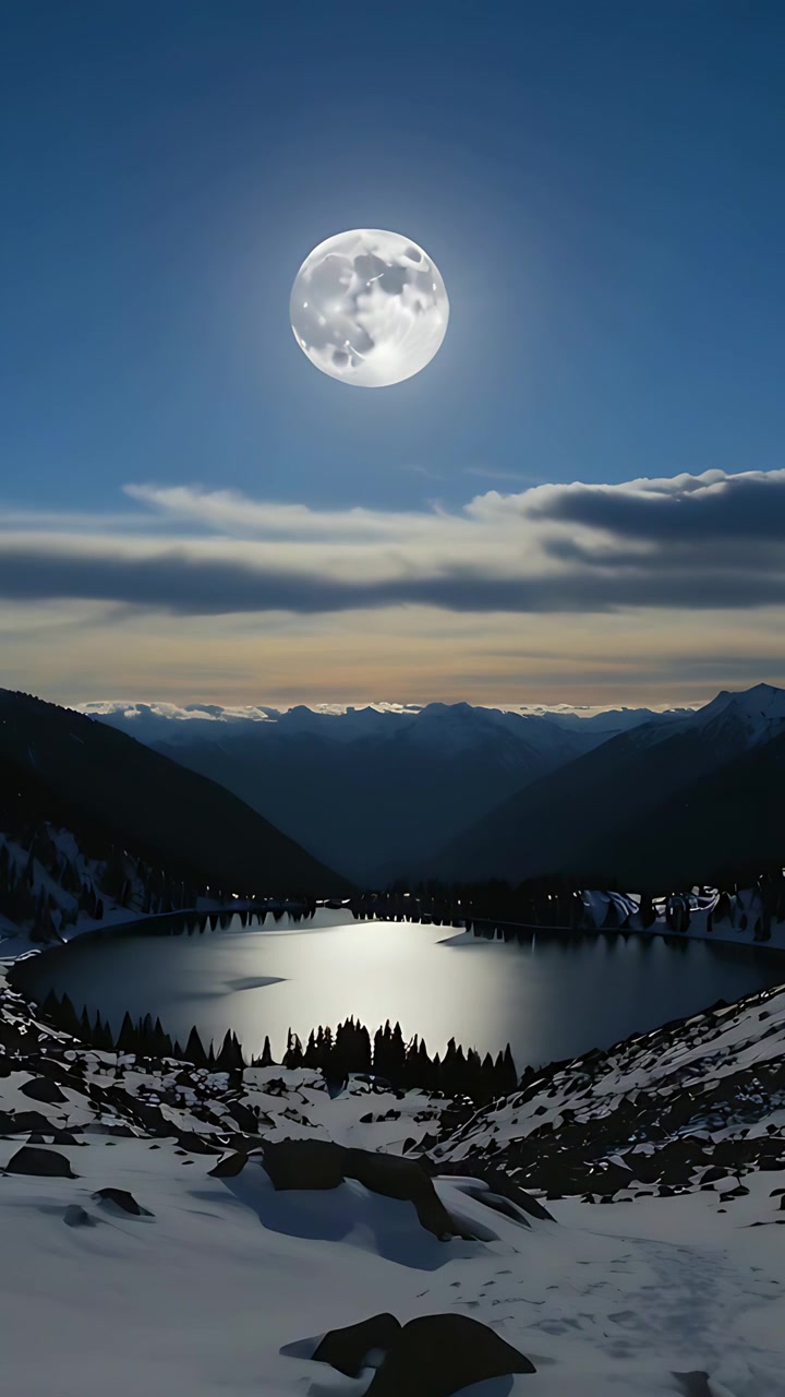 Video verticale: Luce di luna piena che si proietta su un lago in una valle, brezza che crea increspature, tracce nella neve.