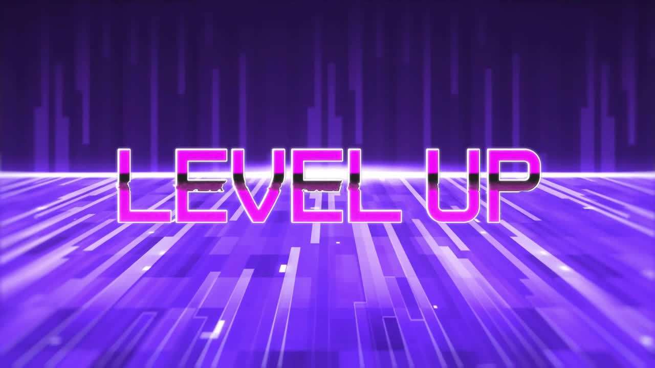 Rising glow initiating neon grid while magenta outlines forming blinking LEVEL UP showing data flow