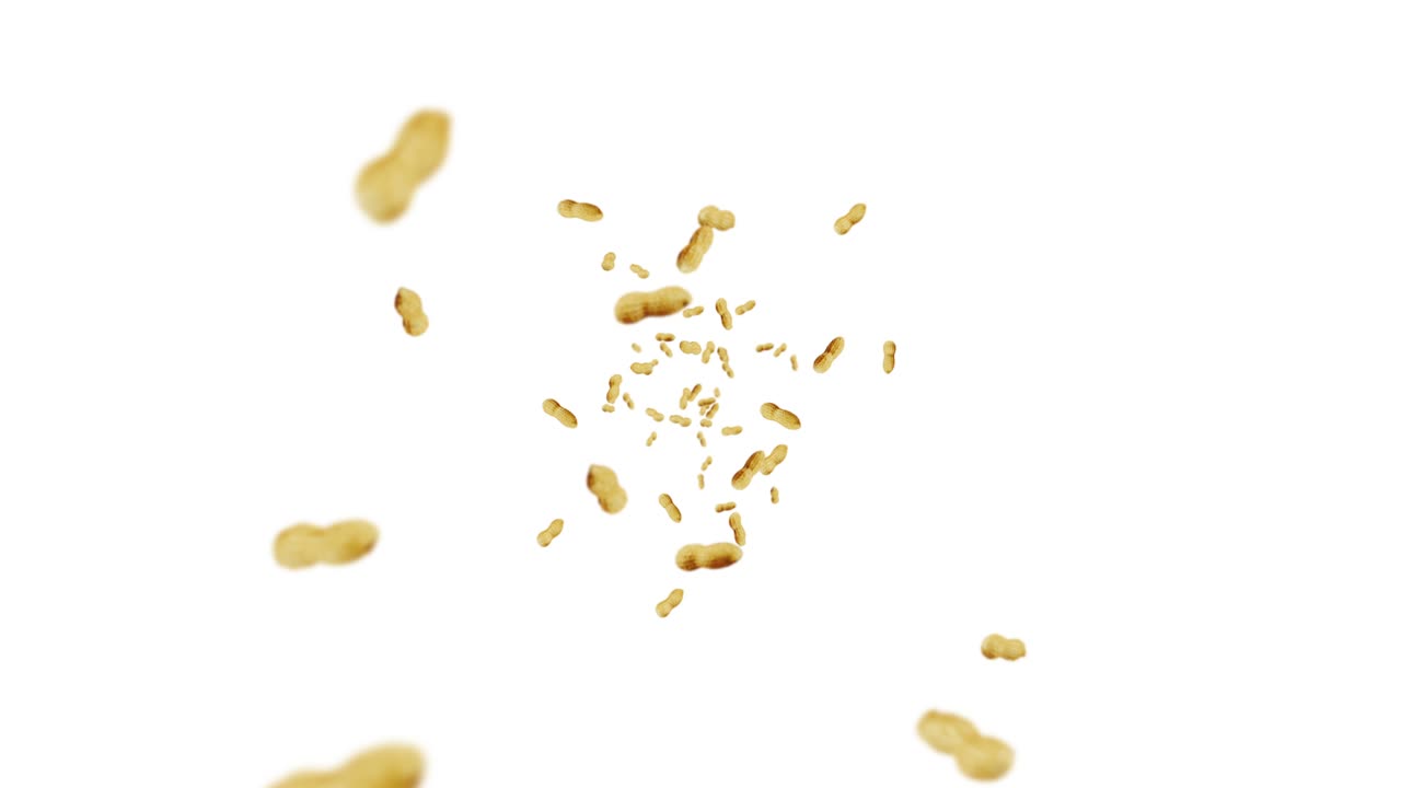 volare molte arachidi su sfondo bianco. arachidi crudi. arachidi in gusci. cibo biologico sano. animazione a ciclo 3d della rotazione dei semi.