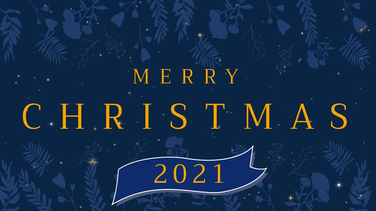 즐거운 크리스마스 2021의 애니메이션 파란색 배경에 꽃이 있는 텍스트