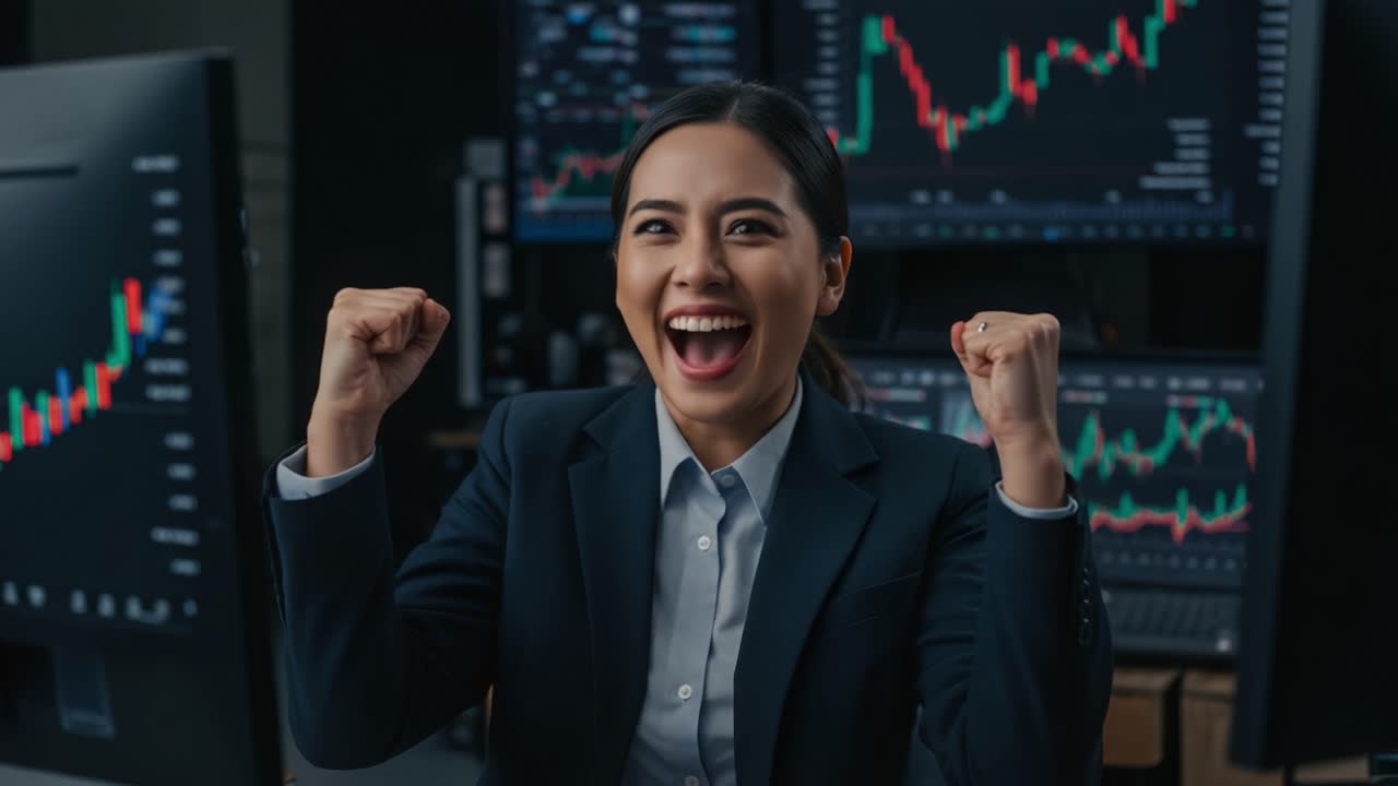 A triumphant moment captured as a businesswoman celebrates her success with enthusiasm, showcasing her excitement in front of multiple stock market graphs and data screens