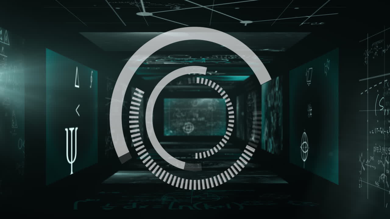 animazione di cerchi che girano su equazioni matematiche che galleggiano sulle pareti