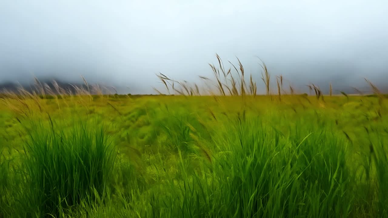 поле травы под туманным небом