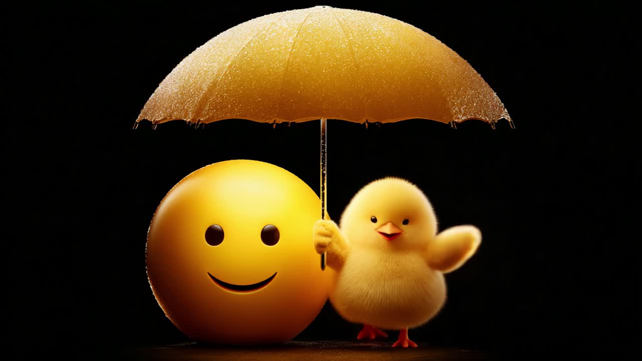 A cheerful smiling emoji and an adorable fluffy chick are sheltered together under a vibrant yellow umbrella, creating a delightful scene filled with joy and warmth amidst a rainy backdrop