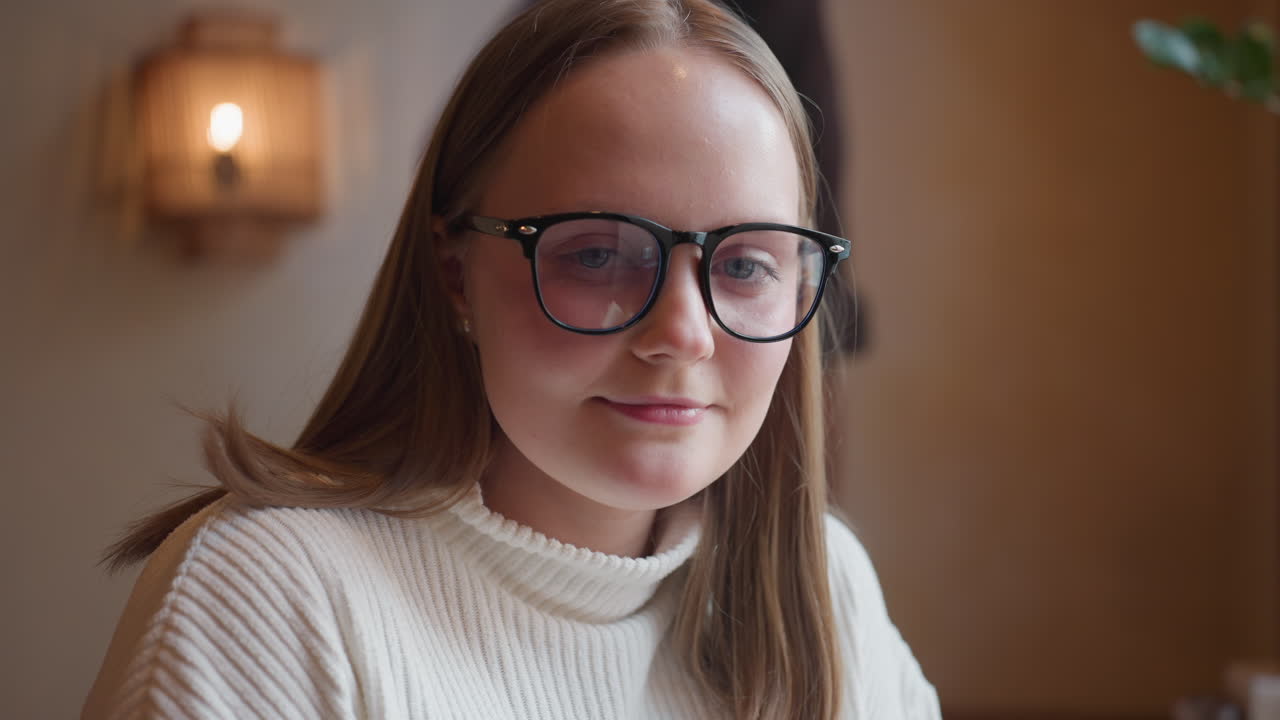 young woman wearing glasses and ribbed sweater smiles gently while seated indoors, warm ambient light and neutral decor create relaxed, friendly mood as she looks forward with quiet confidence