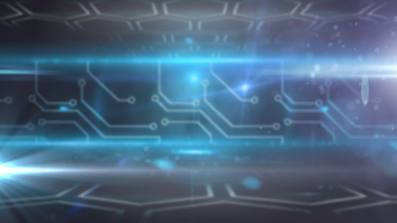 육각형의 네트워크와 반 ⁇ 이는 불빛으로 회로판 요소의 애니메이션