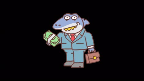 shark holding wad of money and smiling. frame by frame animation. alpha channel