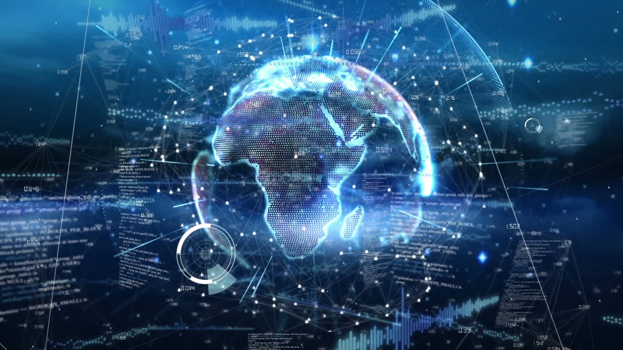 파란색 배경에 회전하는 지구 주위의 점 위에 원으로 5g 텍스트의 애니메이션