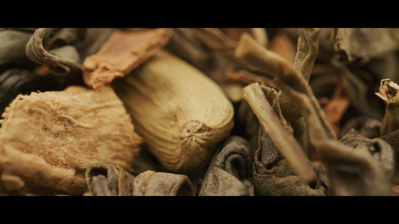 Close-up of a mixed green tea blend with spices