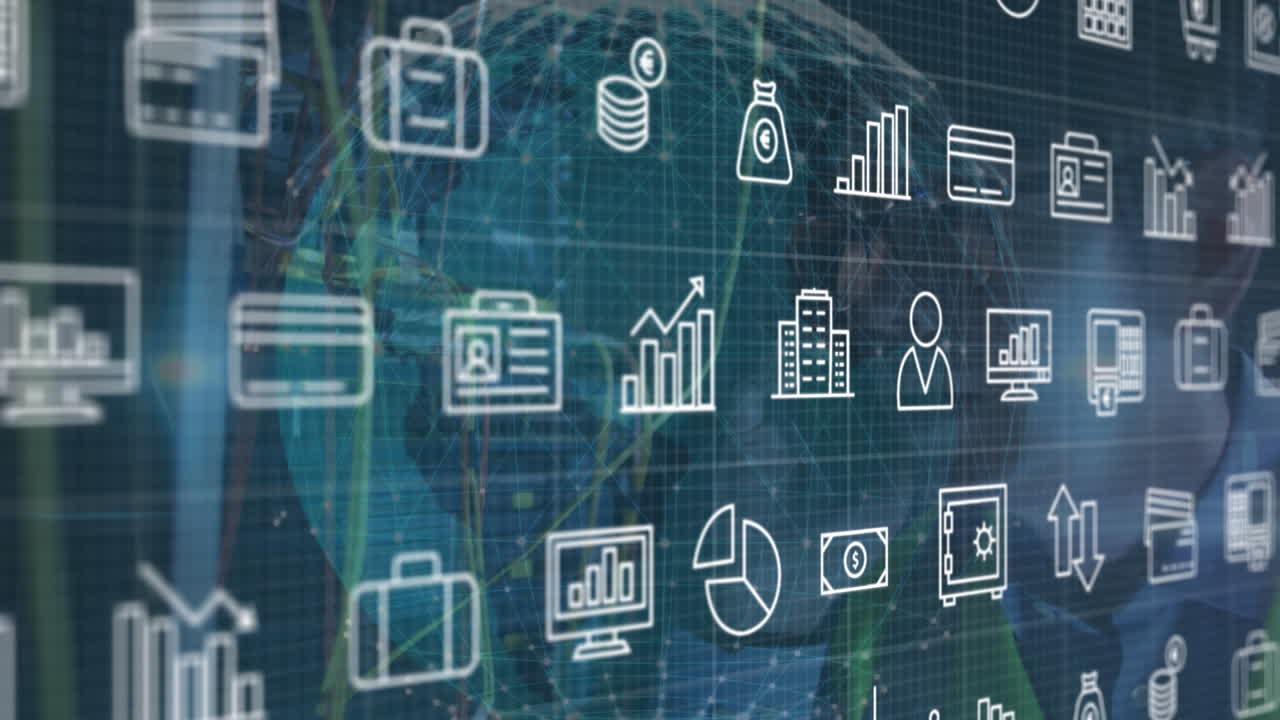 animación de múltiples iconos y globo sobre el hombre caucásico examinando el sistema de servidor de datos