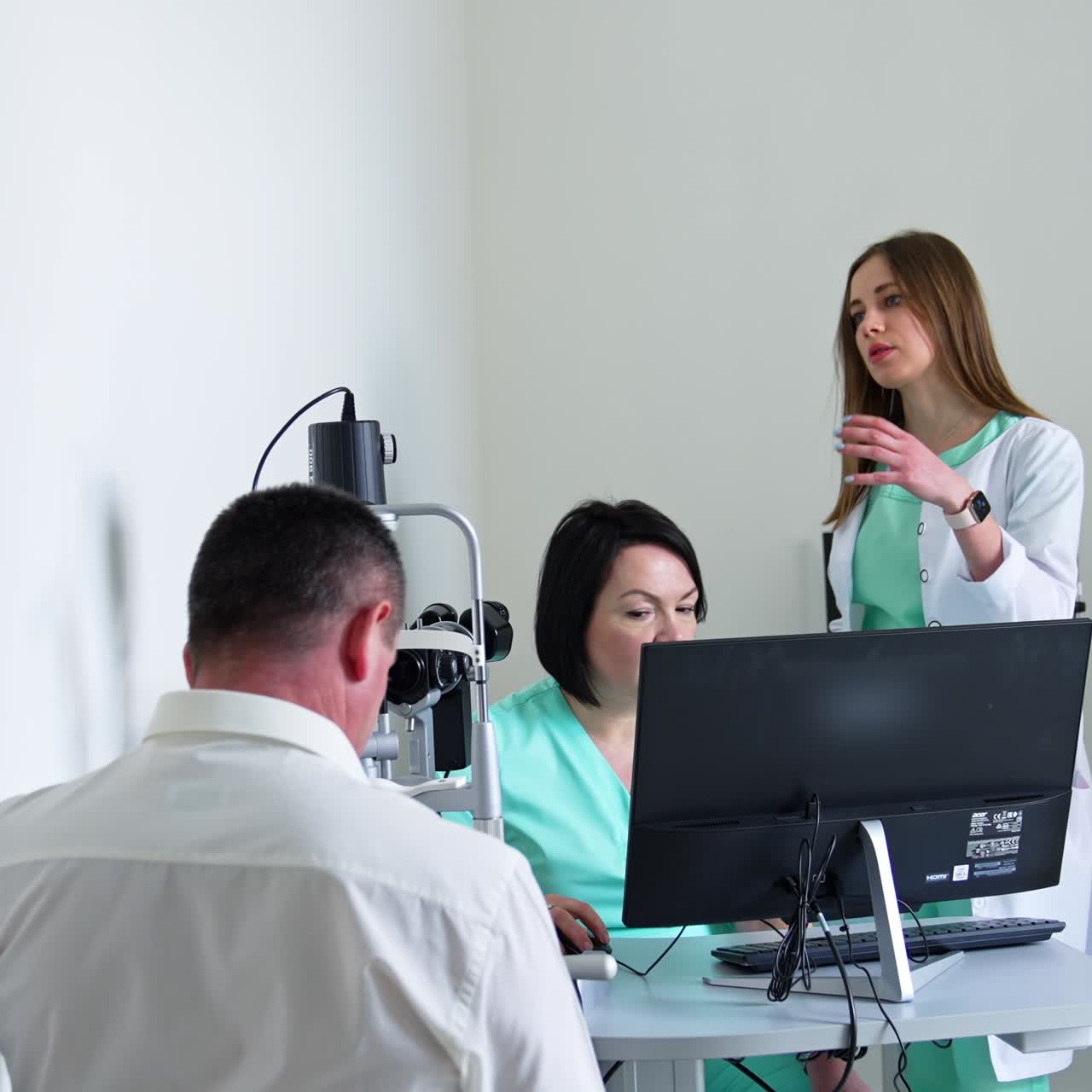 Dos doctoras hablando sobre algo frente a un ordenador. Un paciente esperando sentado a que le revisen la vista.