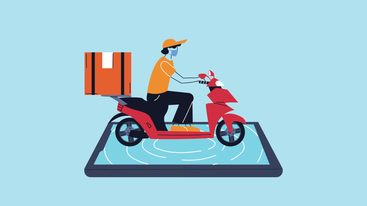 smartphone with courier in motorcycle delivery service animation