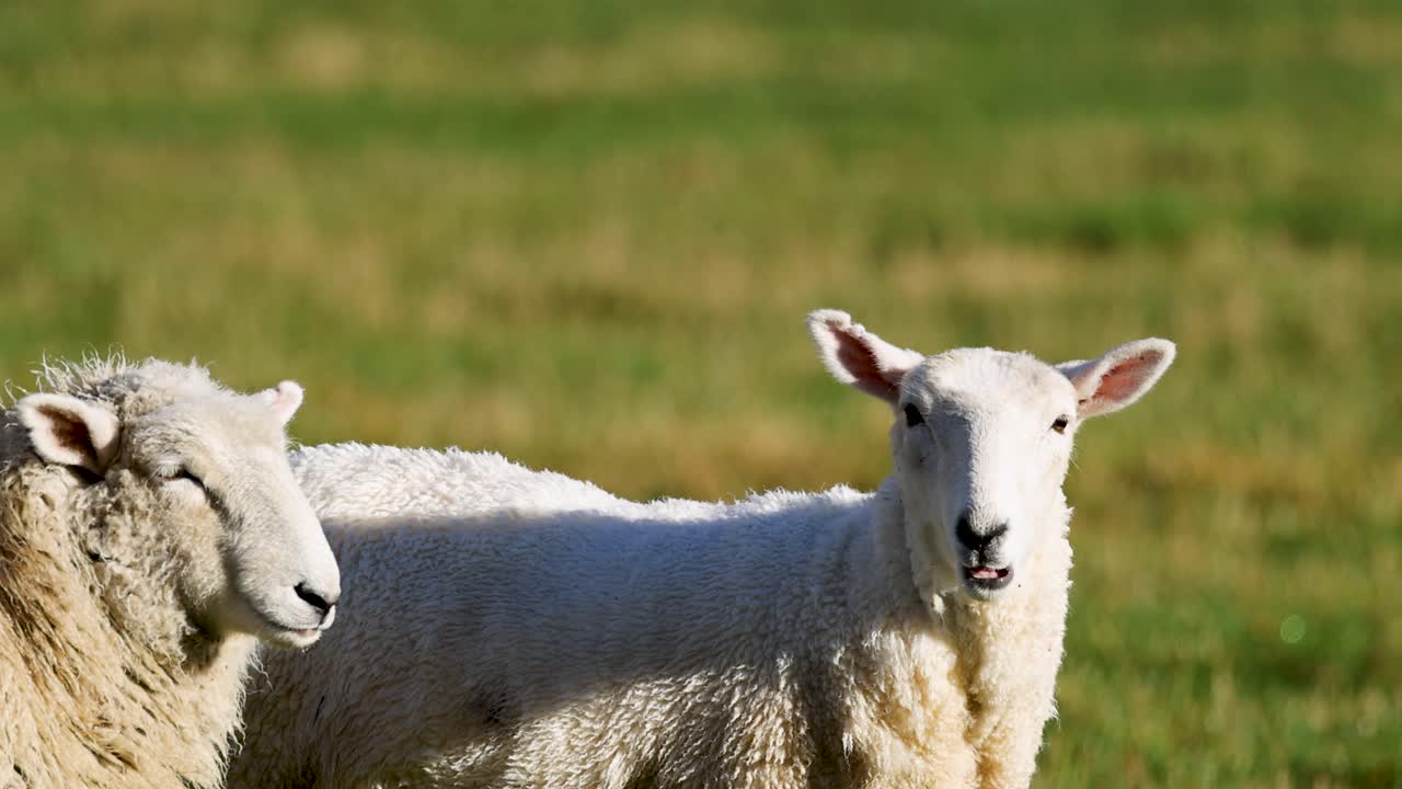 Two sheep interact in a sunlit field, showcasing natural behavior and serene rural life